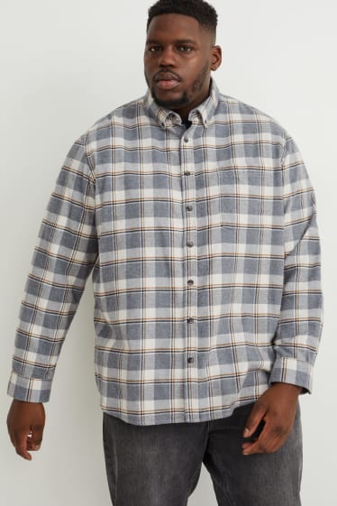 Pánské - Flanelová košile - regular fit - button-down - kostkovaná - bílá/šedá