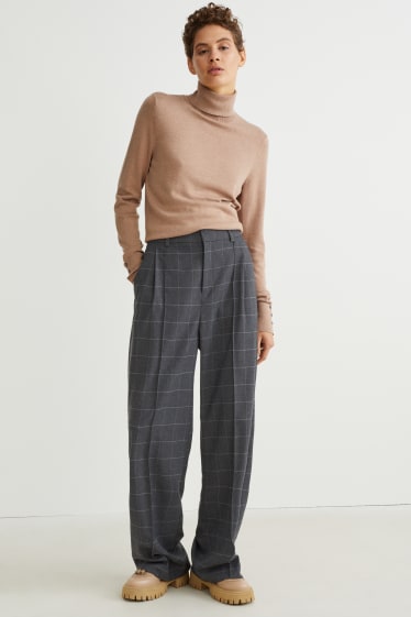 Women - Cloth trousers - high-rise waist - wide leg - check - dark gray