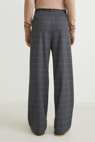 Donna - Pantaloni di stoffa - vita alta - gamba ampia - a quadretti - grigio scuro