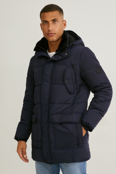 Heren - Parka met capuchon en imitatiebontrandje - winter - donkerblauw