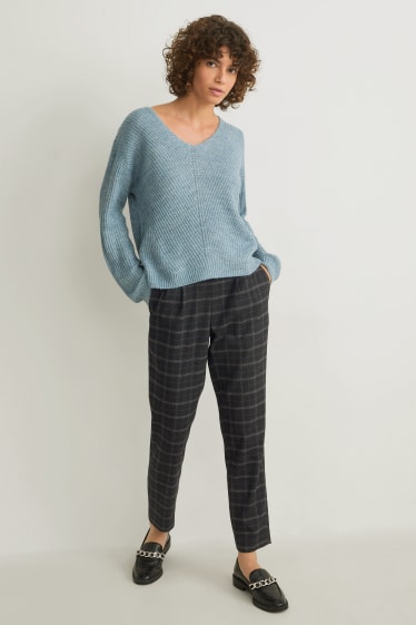 Donna - Pantaloni di stoffa - vita media - tapered fit - a quadretti - nero