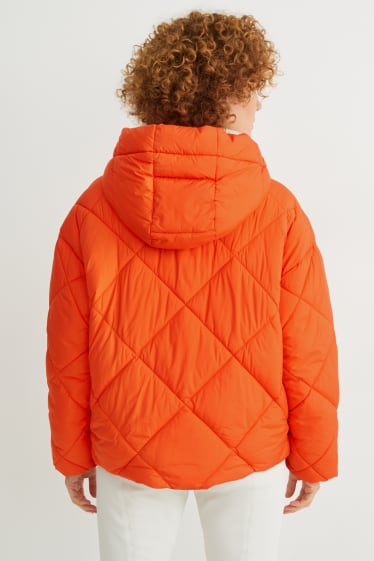 Women - Quilted jacket with hood - dark orange