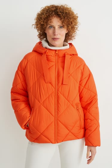 Women - Quilted jacket with hood - dark orange