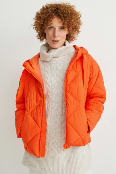 Women - Quilted jacket with hood - dark orange