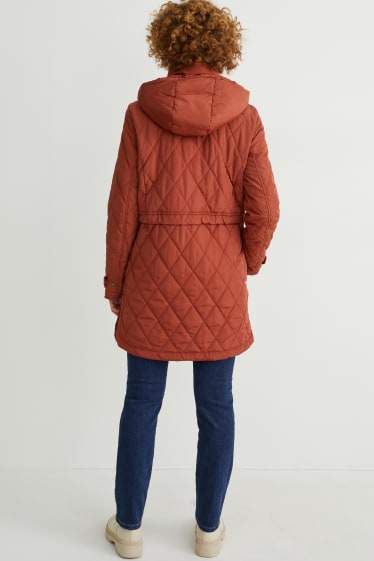 Women - Quilted coat with hood - brown