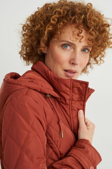 Women - Quilted coat with hood - brown