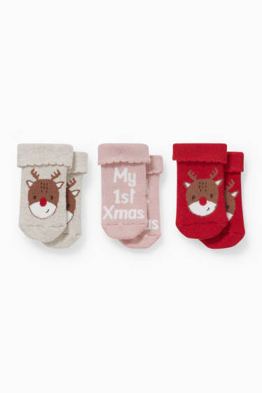 Neonati - Confezione da 3 - Rudolf - calze natalizie con motivo per neonati - beige