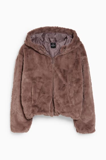 Women - CLOCKHOUSE - faux fur jacket with hood - Coffee