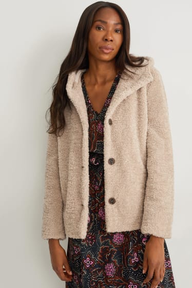 Women - Faux fur jacket with hood - beige