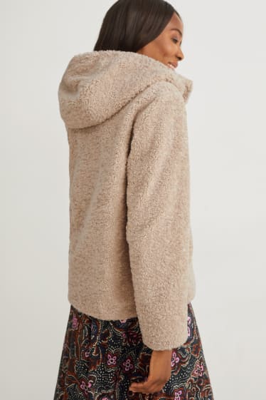Women - Faux fur jacket with hood - beige