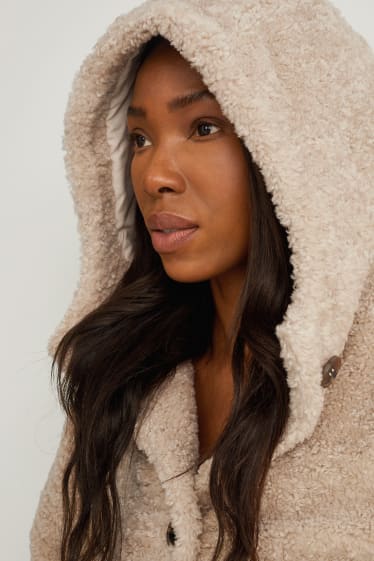 Women - Faux fur jacket with hood - beige