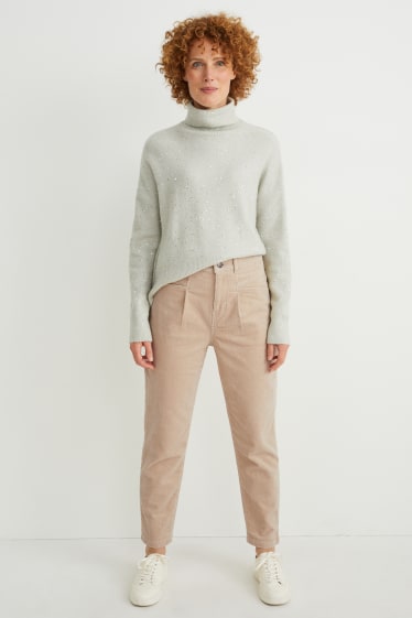 Women - Corduroy trousers - mid-rise waist - tapered fit - beige