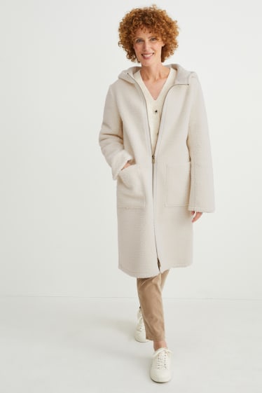 Women - Teddy fur coat with hood - cremewhite