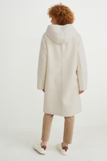 Women - Teddy fur coat with hood - cremewhite