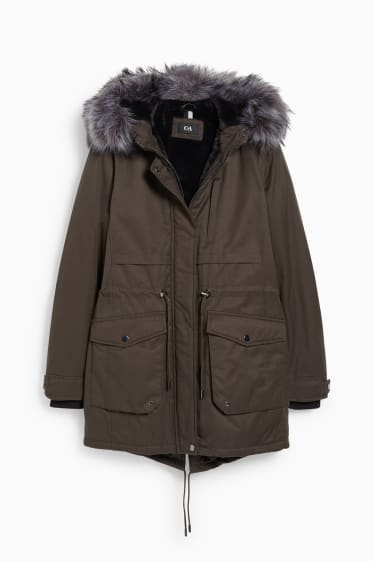 Dames - Parka met capuchon en imitatiebontrandje - winter - donkergroen