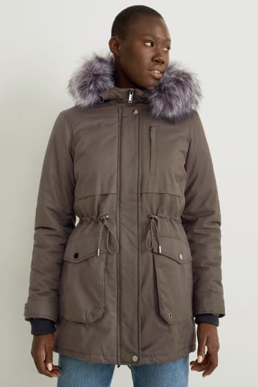 Dames - Parka met capuchon en imitatiebontrandje - winter - donkergroen