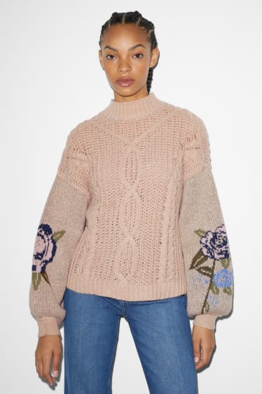 Femmes - CLOCKHOUSE - pullover - motif tressé - à fleurs - beige