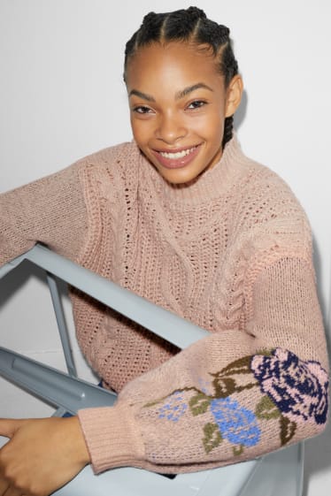 Femmes - CLOCKHOUSE - pullover - motif tressé - à fleurs - beige