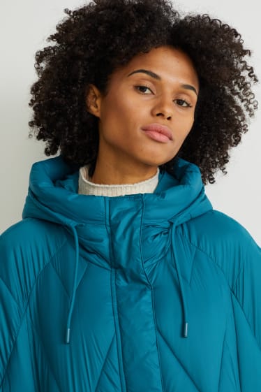 Women - Quilted coat with hood - petrol
