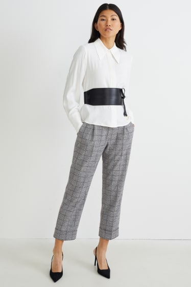 Women - Cloth trousers - high-rise waist - tapered fit - check - gray / black