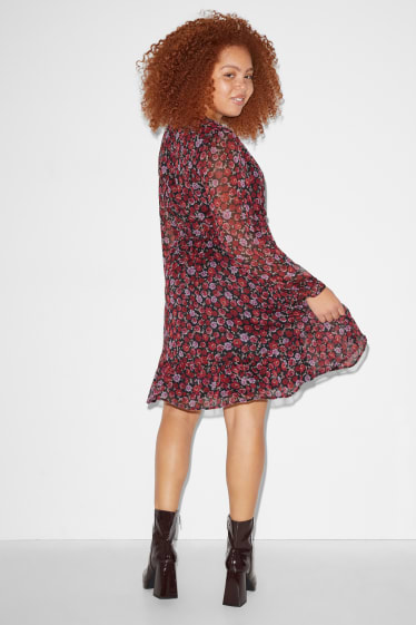 Dames - CLOCKHOUSE - jurk van chiffon - gebloemd - rood / zwart