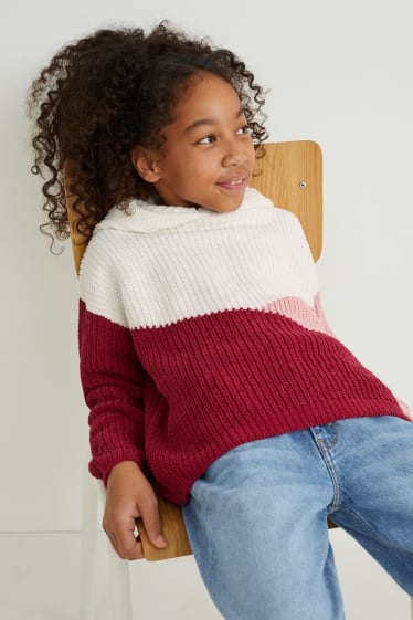 Enfants - Pull à capuche en maille chenille - bordeaux / blanc