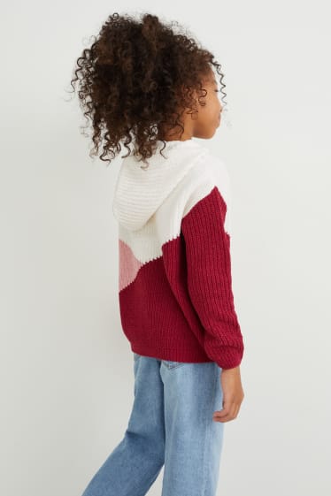 Kinderen: meisjes - Trui van chenille, met capuchon - bordeaux / wit