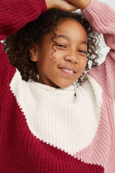 Enfants - Pull à capuche en maille chenille - bordeaux / blanc