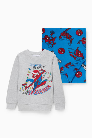 Dětské - Spider-Man - vánoční souprava - mikina a fleecová deka - světle šedá-žíhaná