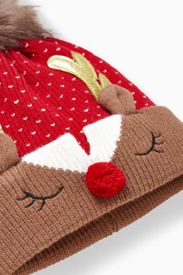 Kinder - Weihnachts-Strick-Mütze - rot