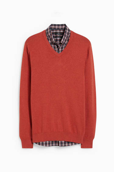 Heren - Trui en overhemd - regular fit - button down - gemakkelijk te strijken - rood / donkerblauw