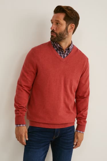 Herren - Pullover und Hemd - Regular Fit - Button-down - bügelleicht - rot / dunkelblau