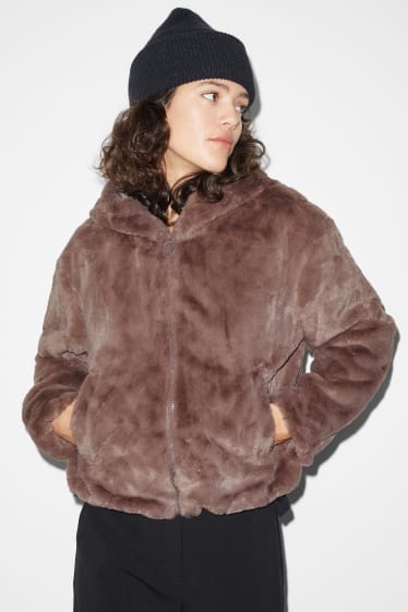 Women - CLOCKHOUSE - faux fur jacket with hood - Coffee