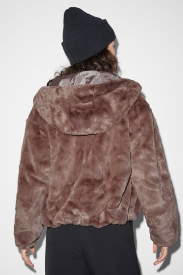 Women - CLOCKHOUSE - faux fur jacket with hood - Coffee