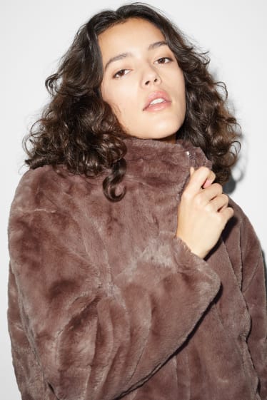 Women - CLOCKHOUSE - faux fur jacket with hood - Coffee