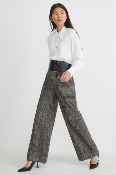 Dona - Pantalons de tela - high waist - wide leg - quadres - negre/gris