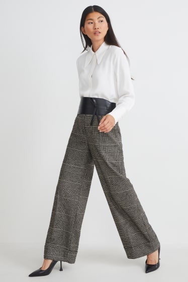 Dames - Pantalon - high waist - wide leg - geruit   - zwart / grijs