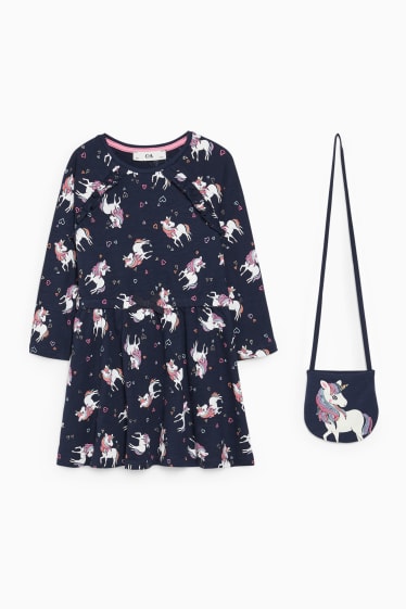 Enfants filles - Licorne - ensemble - robe et sac - 2 pièces - bleu foncé