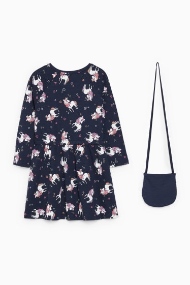Enfants filles - Licorne - ensemble - robe et sac - 2 pièces - bleu foncé