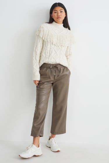 Women - Trousers - mid-rise waist - wide leg - faux leather - dark brown