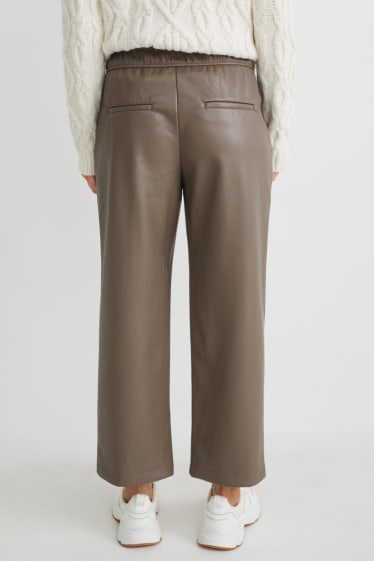 Women - Trousers - mid-rise waist - wide leg - faux leather - dark brown