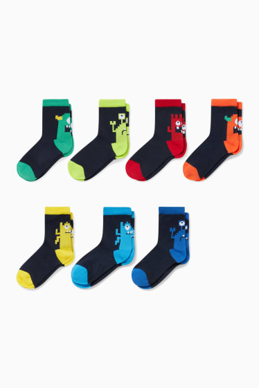 Enfants - Lot de 7 paires - Monstre - chaussettes à motif - bleu foncé