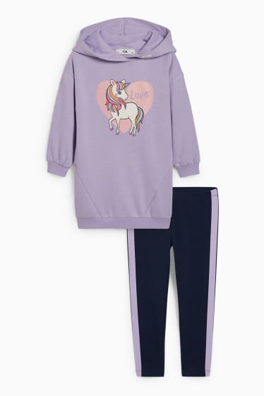 Niños - Unicornio - set - vestido tipo sudadera con capucha y leggings - violeta claro