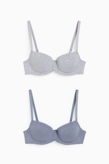 Donna - Confezione da 2 - reggiseno con ferretti - DEMI - imbottito - LYCRA® - blu / grigio
