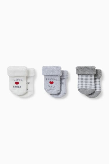 Baby: meisjes - Set van 3 paar - Mom and Dad – newbornsokken met motief - winter - wit / grijs