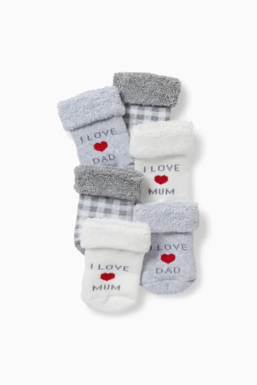 Baby: meisjes - Set van 3 paar - Mom and Dad – newbornsokken met motief - winter - wit / grijs