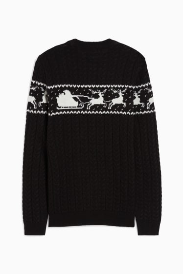 Pánské - Vánoční svetr - motiv soba - copánkový vzor - černá