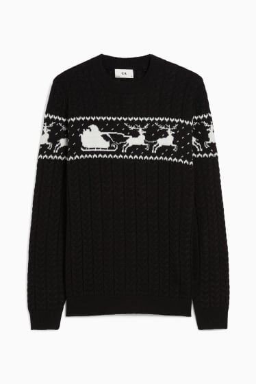Pánské - Vánoční svetr - motiv soba - copánkový vzor - černá