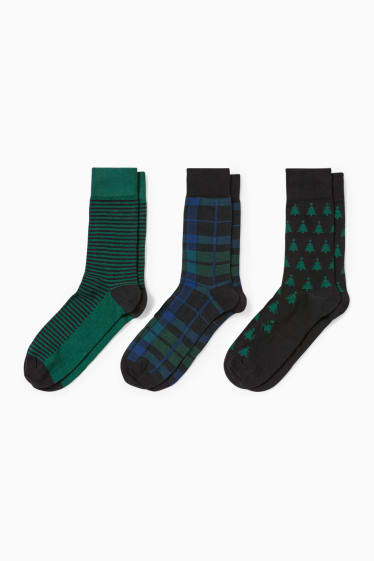 Hommes - Lot de 3 paires - chaussettes de Noël à motif - vert foncé / noir