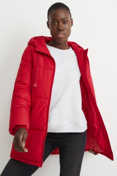 Dámské - Prošívaná bunda s kapucí - červená